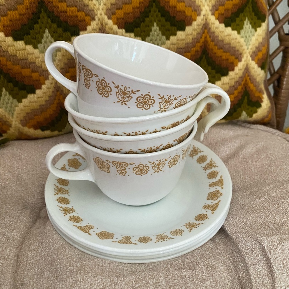set of vintage butterfly gold corelle cups and saucers
